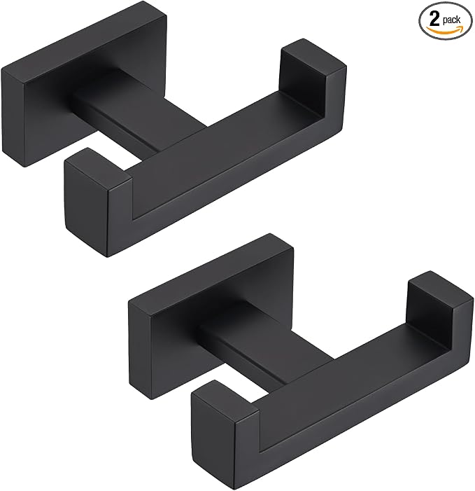 APLusee Double Bath Towel Hook 2 Pack, 304 Stainless Steel Square Dual Coat Holder, Modern Bathroom Kitchen Storage Hanger Wall Mounted, Matte Black