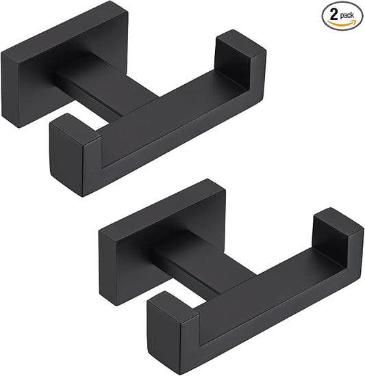 APLusee Double Bath Towel Hook 2 Pack, 304 Stainless Steel Square Dual Coat Holder, Modern Bathroom Kitchen Storage Hanger Wall Mounted, Matte Black