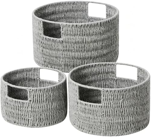 Vagusicc Wicker Storage Basket, Hand-Woven Paper Rope Large Round Woven Basket With Handles, Wicker Baskets for Organizing/Storage, Grey, 3-Pack