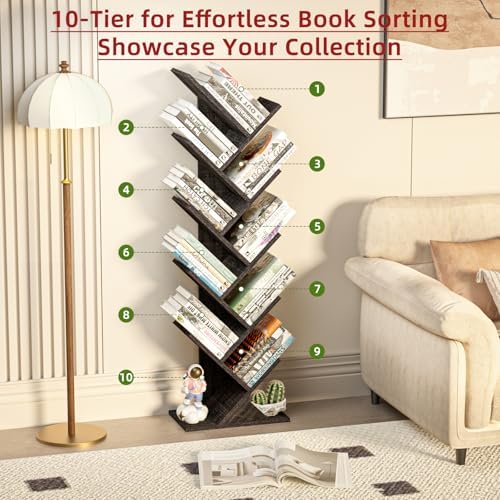 10 Tier Tree Book Shelf, Floor Standing Wood Bookshelf for Narrow Space