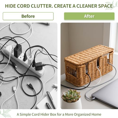 Cable Management Box, Rattan Cord Organizer for Desk & Power Strip