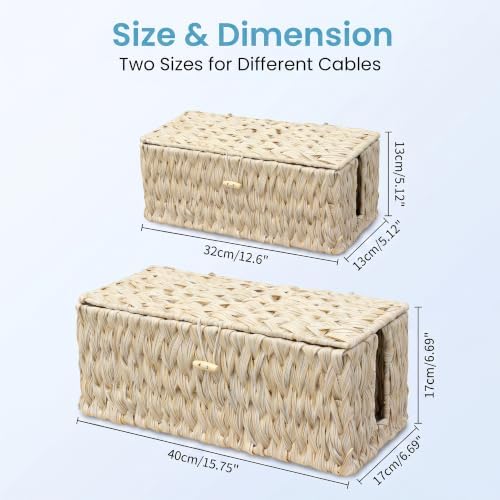 efluky 2 Pack Plastic Floor Cord Covers with Lid, Hand-Woven Cable Management Box, 2 Open Slots Cord Box to to Hide USB 