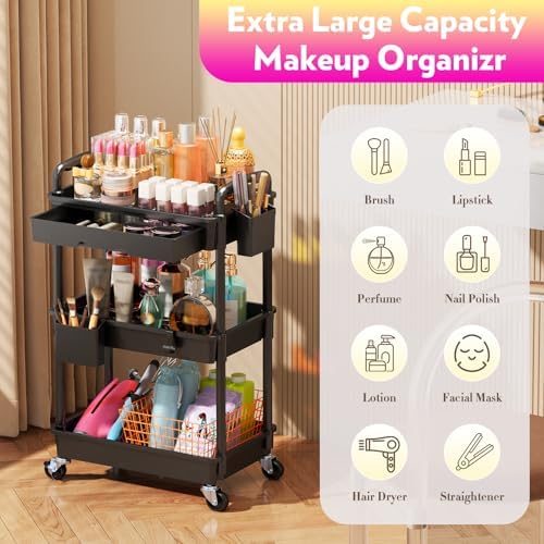 SUNALLY Makeup Cart Organizer with Drawer,3 Tier Rolling Makeup Cart, Black