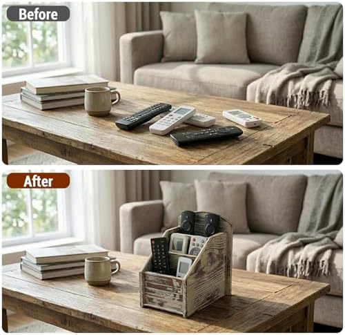 MyGift Torched Wood Remote Control Holder, 3-Compartment Tabletop Organizer