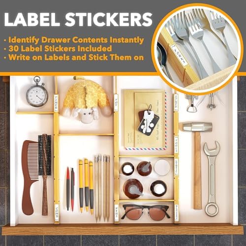 SpaceAid Bamboo Drawer Dividers with Inserts and Labels, Kitchen Adjustable Drawer Organizers, Expandable Organization for Home, Office, Dressers and Bathroom, 6 Dividers with 12 Inserts (17-22 in)