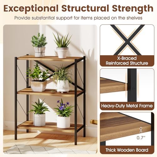 GIANTEX 3-Tier Bookshelf Set of 2, Industrial Bookcase with Heavy-Duty Metal Frame, Modern Open Storage Book Shelf, Book
