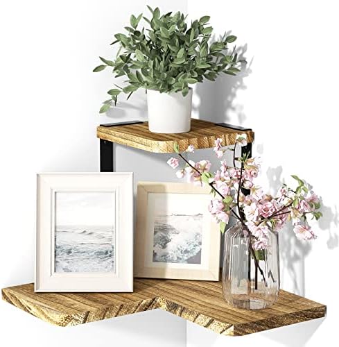 SRIWATANA 2-Tier Corner Wall Shelf, Rustic Wood Shelf, Carbonized Black