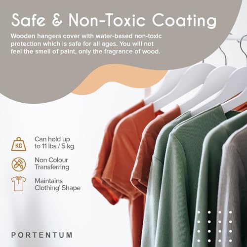 PORTENTUM Wooden Hangers, Pack of 20, White. 360º Swivel Hook, For All Types of Clothes, Trouser Hangers, Non-Slip Hange