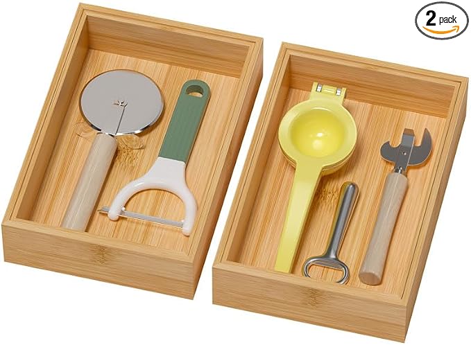 Lixple Bamboo Drawer Organizer, Cutlery Silverware Organizer for Kitchen Drawer, Stackable Utensil Organizer, 2 Pcs Flatware Organizer for Drawer, Wooden Storage Box Tray (Bamboo, 9 X 6 X 2 Inch)