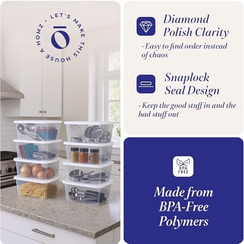 HOMZ Clear Plastic Storage Bins w/Snaplock Lids, 6 Qt, White, 10 Pack
