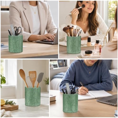 Round Leather Pen Holder for Desk, Desktop Organizer, (Carved Green)