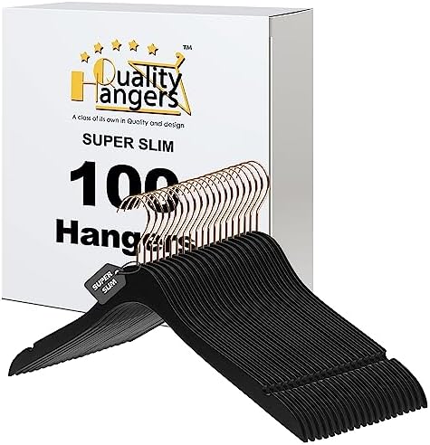 100 Luxury 16.5" Ultra Thin Space Saving Black Wooden Hangers, 360 Degree Swivel Hook, Best for Suit, Coat Hangers Shirts, Blouses, Pant, Dress Hangers Black with Gold Hook (Black, No Bar, 100)