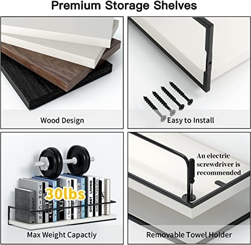 Shario White Floating Shelves - Set of 2, Wall Mounted Hanging Shelves with Black Towel Rack, Decorative Storage Shelves