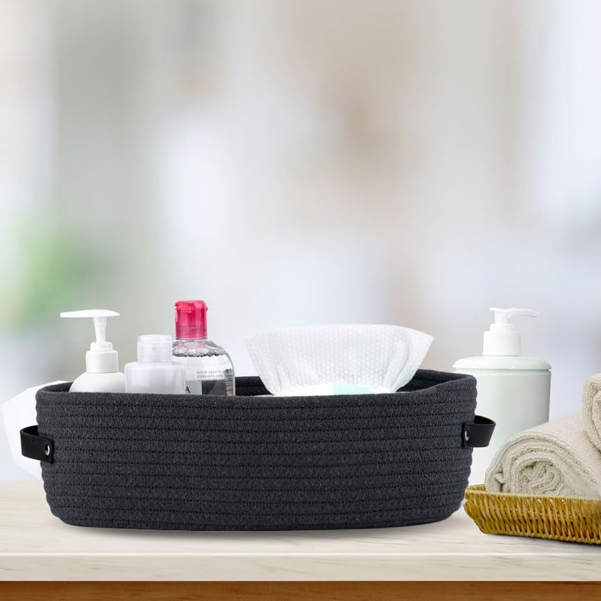 Cotton Rope Toilet Paper Holder Basket with Handle, Home Decor Organizing Small Baskets, Nursery Basket 13"x5.9"x4" Dark