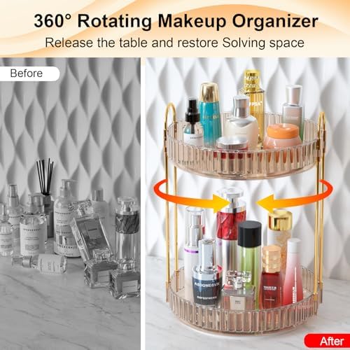 GTI 360°Rotating Makeup Organizer, 2 Tier Bathroom Counter Organizer,Large Capacity Perfume Cosmetics Skincare Vanity Or