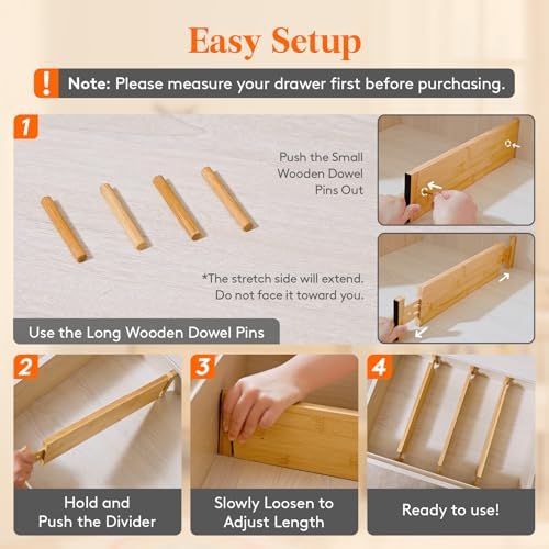 Lifewit 4" High Dresser Drawer Dividers, Adjustable Bamboo Drawer Organizer