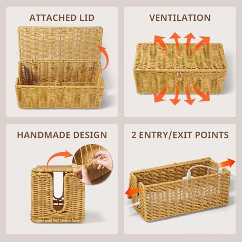 Cable Management Box, Handwoven Synthetic Rattan Cable Organizer, 2 Side Open Slots Cords Hider Box, Under Desk Cord Org