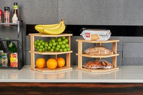Umilife Plate Organizer for Cabinet, Bamboo Corner Shelf, Dish & Bread Organizer, Spice Rack, Kitchen Bathroom Counterto