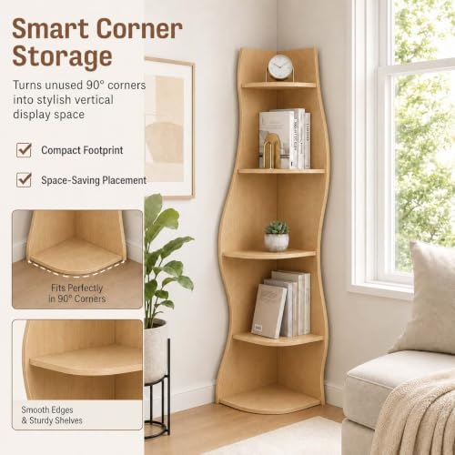 5-Tier Wavy Corner Shelf with Curvy Shape for Small Spacem, Natural Wood