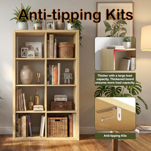 WannabeMyself【2026 Wooden Thick Frame】 8 Cube Storage Organizer with Anti-Tipping Kits, Reversible Open Back Book Shelf,