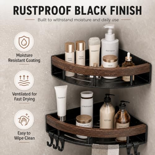 1PC Shower Corner Shelf, Walnut Wood & Stainless Steel Caddy