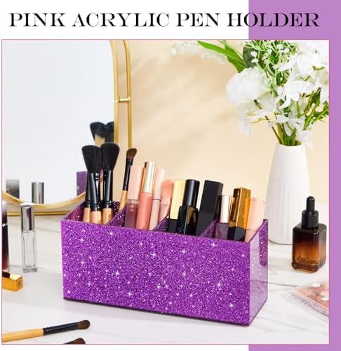 Jetec Acrylic Pen Holder for Girl Desktop, 4 Compartments, Sparkly Purple
