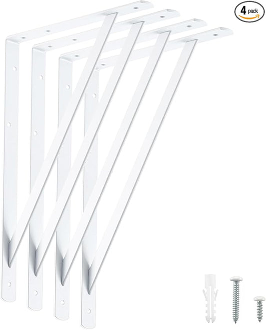 HOME MASTER HARDWARE 16x10 inch Heavy Duty Shelf Brackets, White Metal Wall Mounted Supports for Shelves, L Shaped Shelf Angle Bracket for Floating Shelves, 4 Pack