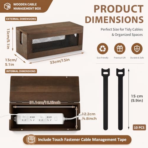 Chunful 13 Inch Cable Management Box, Wood Cord Hider Organizer with Magnetic Lid & Organizer for Power Strip, TV Wires 