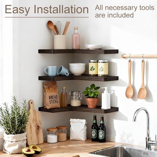 Floating Corner Shelves Set of 3, Solid Wood Picture Wall Shelf, Floating Shelves for Storage for Bedroom Kitchen Bathro