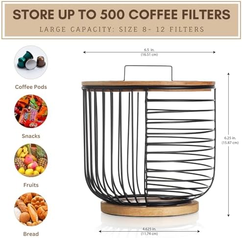 Coffee Filter Holder for Counter with Wooden Lid - Round Black Wire Coffee Pod Storage Container Basket for Kitchen Coun