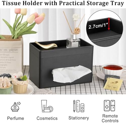 Sumnacon Tissue Box Cover with Storage Tray Rectangular Tissue Holder,Black