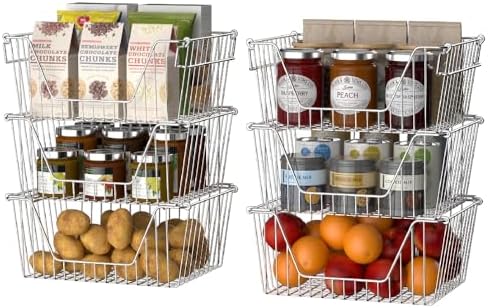 Slideep 14" Large Stackable Storage Baskets, Cabinet Organizer Sturdy Metal Wire Pantry Freezer Bin for Pantry Home Bath