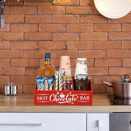 Barydat Christmas Hot Cocoa Bar Wood Coffee Station Organizer Countertop with 4 Compartment Coffee Bar Decorative Holder