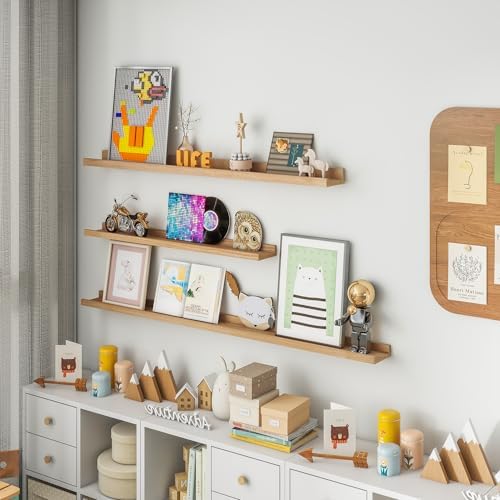 FLYJOE Picture Ledge Shelf, Floating Shelves Set of 2, Solid Ash Wood 72'' Long Large Nursery Book Shelves for Toys Storage, Kids Bookshelf for Living Room Bedroom Decor Books Photo Frames, Natural