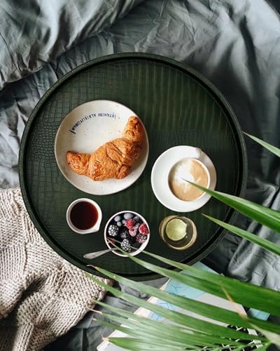 HofferRuffer Round Serving Tray 20'', Elegant Faux Leather Circle Ottoman Table Tray, Serve Tea Coffee Breakfast in Bedr