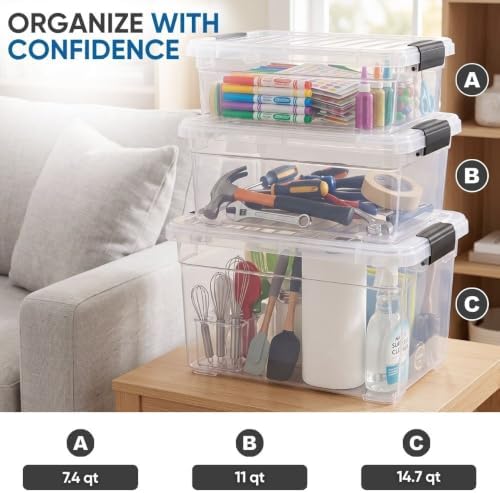 Superio 7.4 Quart Clear Plastic Storage Bin with Lid, Stackable Organizer Box, BPA-Free Storage Container for Home, Gara