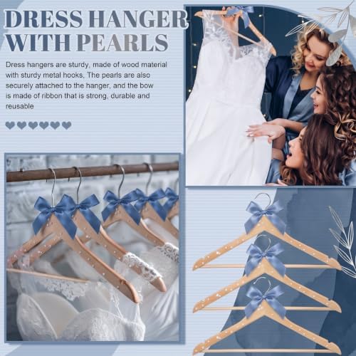 Wonderjune Bule 10 Pcs Bride Hanger for Wedding Bride Groom Bridesmaid Ribbon Bow Pearl Hanger Wood Color Elegant Wooden Dress for Bridal Shower Tuxedo Photo Keepsake Party Gift (Pearl Bow)