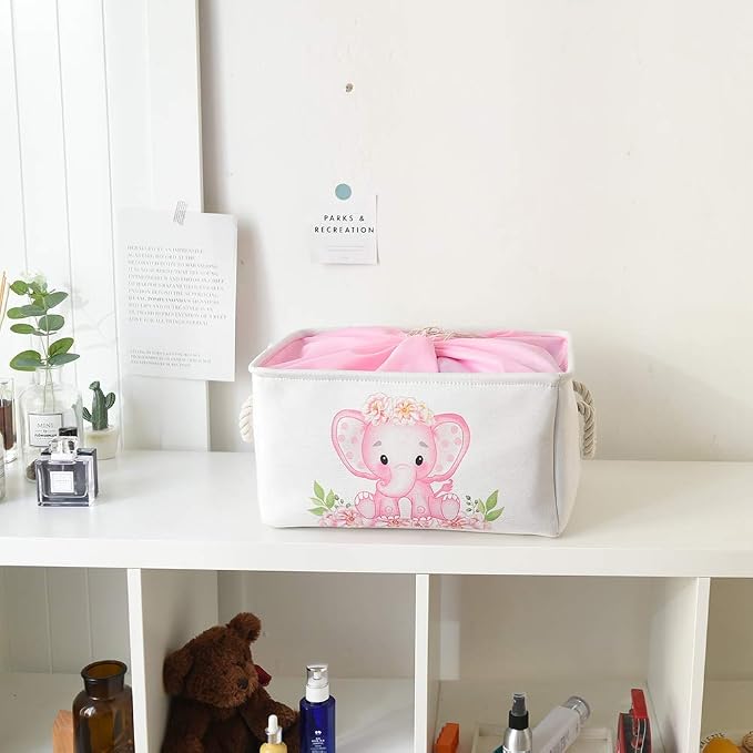 Large Nursery Elephant Baby Basket for Shower Gift - Pink Girl Gift Bag, Collapsible and Empty - Decor for Kidsroom, Nursery, Play Room (Large)