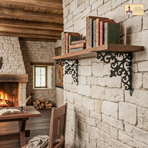 Mystic Colonial Medieval Cast Iron Victorian Scrollwork Shelf Brackets | 7-inch Heavy-Duty Wall Mount Supports with Blac