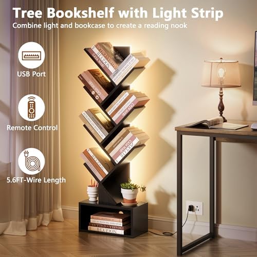Hoctieon 6 Tier Tree Bookshelf, Tall Bookcase with Drawer, Freestanding Book Shelf with LED Lights, Display Floor Standi