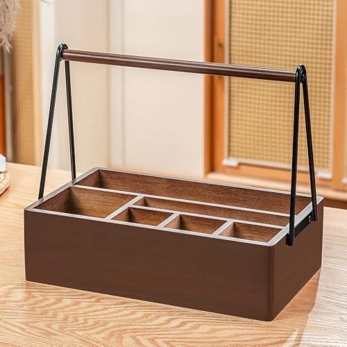 Silverware Caddy with Handle Acacia Wood Utensil Holder Paper Plate Holder
