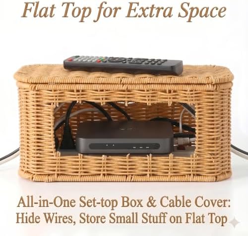 Large Cable Management Box with Lid, Wicker Basket Hides Power Strips, TV Boxes & Routers