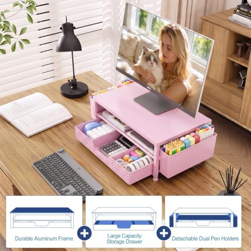 OPNICE Desk Organizers and Accessories, Computer Monitor Stand Riser with Drawer and 2 Pen Holders, Printer & Laptop Sta