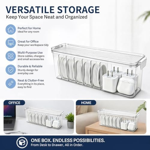 TexHome 2 Pcs Cable Organizer Boxes Clear Charger Cable Storage Boxes with Lid and Cable Straps, Plastic Electronics Cor