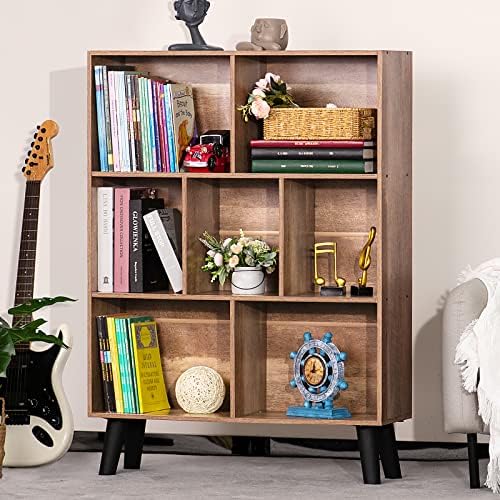 LEYAOYAO Cube Bookshelf, Mid-Century Modern Book Shelf with Legs, Oak