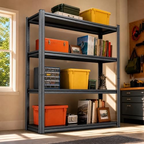 4 Tier Black Metal Bookshelf, Industrial Standing Book Shelf Shelving Unit, Vertical Steel Bookcase Storage Rack for Boo