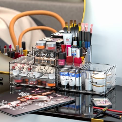 Cq acrylic 3 Pack Clear Makeup Organizer Countertop,Stackable 8 Drawers Skin Care Organizer,Cute Make Up Organizers for 