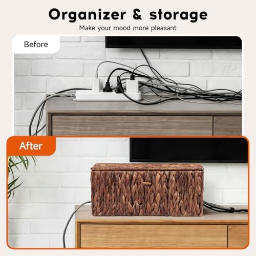 Cable Management Box with Lid, 2Pack Handwoven Real Water Hyacinth Cord Hider Organizer Boxes,2 Side Open Slots Storage 