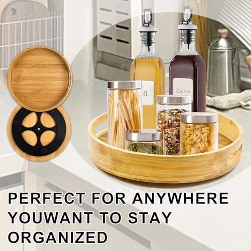 Wooden Lazy Susan Organizer for cabinet-12 Inch Bamboo Kitchen Turntable Organizer with Double Handles-Large Bamboo Lazy