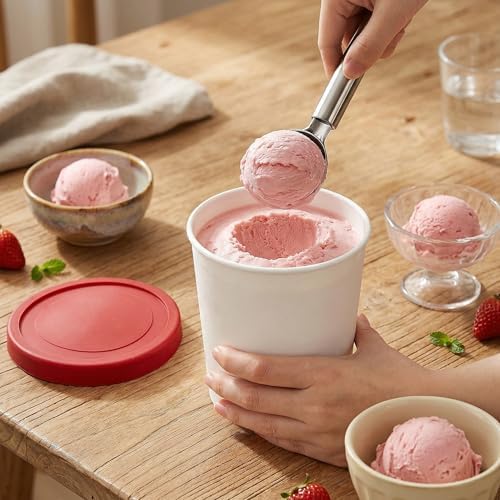 Peohud 4 Pack Ice Cream Containers, 1 Quart Freezer Storage Tubs with Silicone Lids and Spoon for Ice Cream, Sorbet and Gelato, Freezer Dishwasher Safe